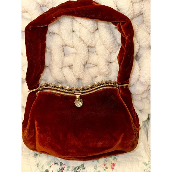 VINTAGE OUTSTANDING JOLLES ORIGINAL BURGUNDY VELVET JEWELED FRAME BAG - - Picture 9 of 12